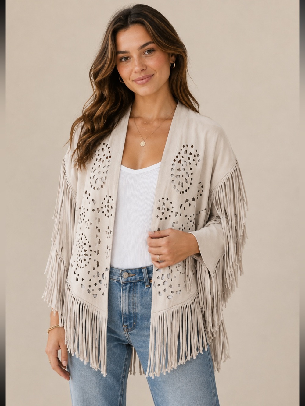 Hollister Cream Fringe Open-Front Jacket with Laser-Cut Pattern
